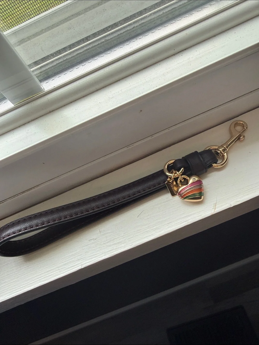 Coach Leather Wristlet Key Strap with Striped Heart Charm